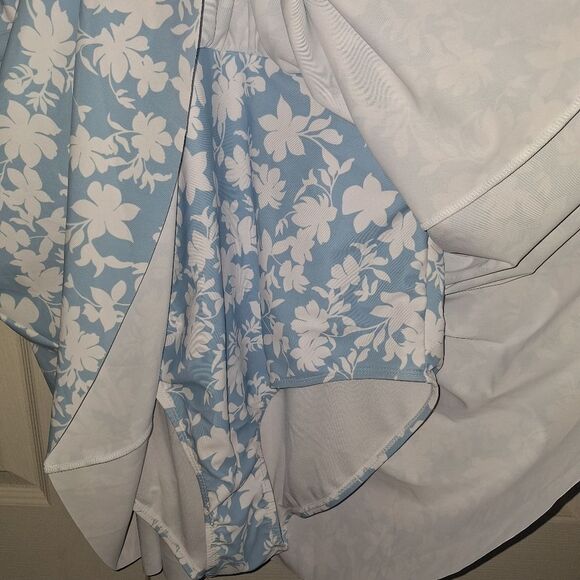 SOLD Bloomchic  Floral Print V Neck Ruffle Hem Ruched Detail Blue Swim Dress - Picture 7 of 10